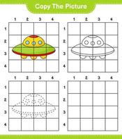 Copy the picture, copy the picture of Ufo using grid lines. Educational children game, printable worksheet, vector illustration