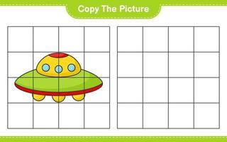 Copy the picture, copy the picture of Ufo using grid lines. Educational children game, printable worksheet, vector illustration