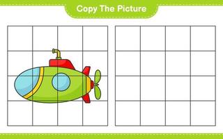 Copy the picture, copy the picture of Submarine using grid lines. Educational children game, printable worksheet, vector illustration