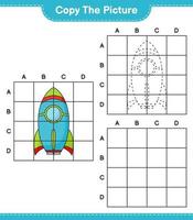 Copy the picture, copy the picture of Rocket using grid lines. Educational children game, printable worksheet, vector illustration