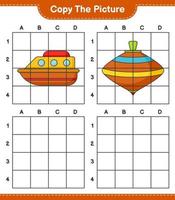 Copy the picture, copy the picture of Boat and Whirligig Toy using grid lines. Educational children game, printable worksheet, vector illustration