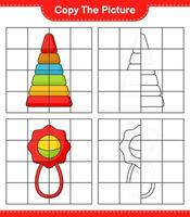 Copy the picture, copy the picture of Pyramid Toy and Baby Rattle using grid lines. Educational children game, printable worksheet, vector illustration