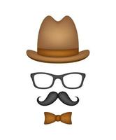 bigote, pajarita, sombrero y gafas aislado sobre fondo blanco. vector