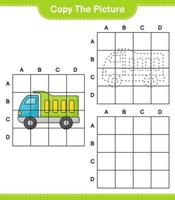 Copy the picture, copy the picture of Lorry using grid lines. Educational children game, printable worksheet, vector illustration