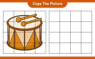 Copy the picture, copy the picture of Drum using grid lines. Educational children game, printable worksheet, vector illustration