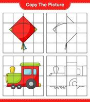 Copy the picture, copy the picture of Kite and Train using grid lines. Educational children game, printable worksheet, vector illustration