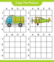 Copy the picture, copy the picture of Lorry and Plane using grid lines. Educational children game, printable worksheet, vector illustration