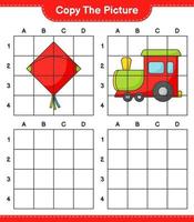 Copy the picture, copy the picture of Kite and Train using grid lines. Educational children game, printable worksheet, vector illustration