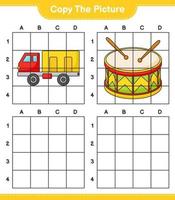 Copy the picture, copy the picture of Lorry and Drum using grid lines. Educational children game, printable worksheet, vector illustration