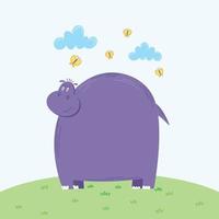 Cute hippo standing with smile. Funny happy hippopotamus. Colored flat vector illustration of childish character isolated on the green lawn.