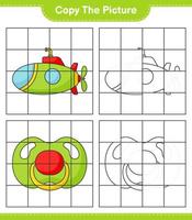 Copy the picture, copy the picture of Submarine and Pacifier using grid lines. Educational children game, printable worksheet, vector illustration