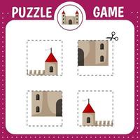 Puzzle game for kids. Cutting practice. Education developing worksheet. Activity page. Cut and glue castle vector