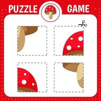 Puzzle game for kids. Cutting practice. Education developing worksheet. Activity page. Cut and glue mushroom. vector