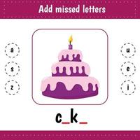 Learning English words. Worksheets for kids education for school and kindergarten. Cake. Add missed letters. Educational worksheet vector