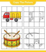 Copy the picture, copy the picture of Lorry and Drum using grid lines. Educational children game, printable worksheet, vector illustration