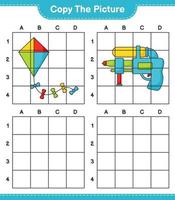 Copy the picture, copy the picture of Kite and Water Gun using grid lines. Educational children game, printable worksheet, vector illustration