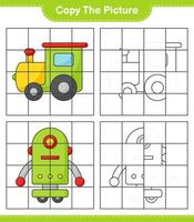 Copy the picture, copy the picture of Train and Robot Character using grid lines. Educational children game, printable worksheet, vector illustration