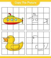 copie la imagen, copie la imagen del submarino y el pato de goma usando líneas de cuadrícula. juego educativo para niños, hoja de cálculo imprimible, ilustración vectorial vector