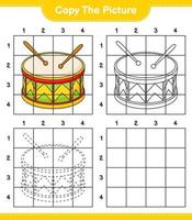 Copy the picture, copy the picture of Drum using grid lines. Educational children game, printable worksheet, vector illustration