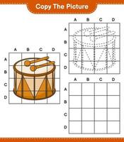 Copy the picture, copy the picture of Drum using grid lines. Educational children game, printable worksheet, vector illustration