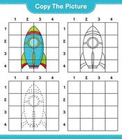 Copy the picture, copy the picture of Rocket using grid lines. Educational children game, printable worksheet, vector illustration