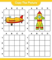 Copy the picture, copy the picture of Plane and Rocket using grid lines. Educational children game, printable worksheet, vector illustration