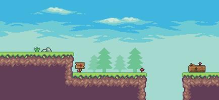 Pixel art arcade game scene with trees, trunk, board, stones and clouds 8bit background vector