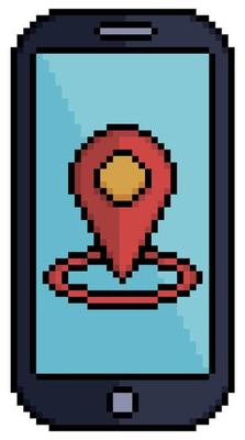 Pixel art cell phone with GPS and location icon vector icon for 8bit game on white background