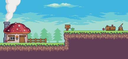 Pixel art arcade game scene with house, trees, fence and clouds 8bit background vector