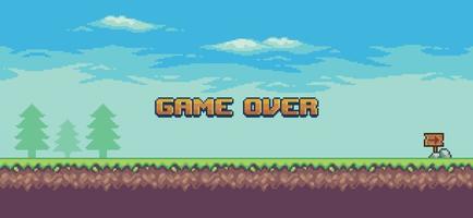 Pixel art landscape 8bit game. game over background with grass, trees and clouds vector