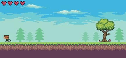 escena de juego de arcade de pixel art con barra de vida, árboles, tablero y fondo de nubes de 8 bits vector