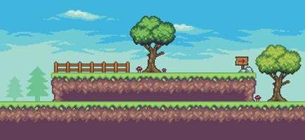 Pixel art arcade game scene with tree, fence, and clouds 8 bit vector background