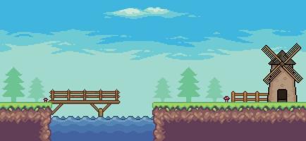 Pixel art arcade game scene with mill, bridge, trees, fence e clouds 8 bit vector background