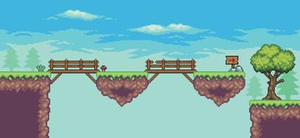 Pixel art arcade game scene with floating platform, bridge, trees, clouds,  and flag 8bit vector
