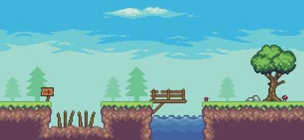 Pixel art arcade game scene with tree, lake, bridge, board and clouds 8 bit vector background