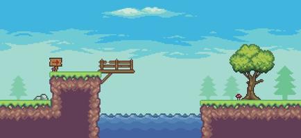 Pixel art arcade game scene with tree, lake, bridge, wooden board, and clouds 8 bit vector background