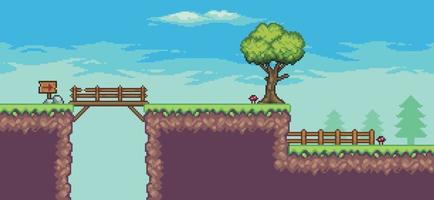 Pixel art arcade game scene with tree, bridge, fence, wooden board, and clouds 8 bit vector background