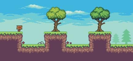 Pixel art arcade game scene with trees, wooden board and clouds 8 bit vector background