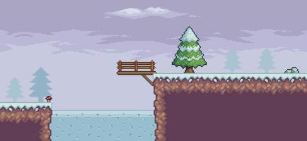 Pixel art game scene in snow with pine trees, bridge, deck and clouds 8 bit vector background