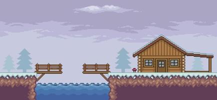 Pixel art game scene in snow with wood house, pine trees, bridge, lake and clouds 8 bit vector background