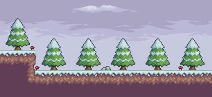 Pixel art game scene in snow with pine trees, clouds, 8 bit background vector