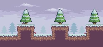 Pixel art game scene in snow with pine trees and clouds 8bit background vector