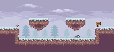 Pixel art game scene in snow with floating platform, board, pine trees, clouds and flag 8bit background vector