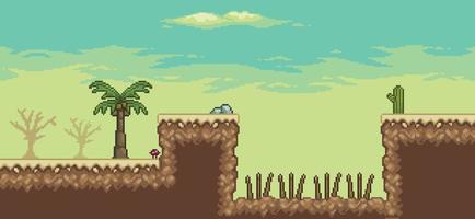 Pixel art desert game scene with palm tree, cactuses, trap 8bit landscape background vector