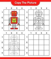 Copy the picture, copy the picture of Robot Character using grid lines. Educational children game, printable worksheet, vector illustration