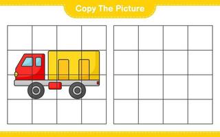copie la imagen, copie la imagen del camión usando líneas de cuadrícula. juego educativo para niños, hoja de cálculo imprimible, ilustración vectorial vector