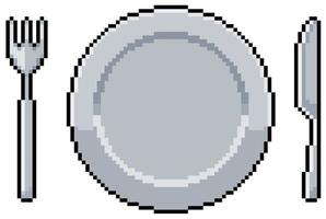 Pixel art Plate fork and knife. Meal, lunch and dinner. 8bit game item on white background vector