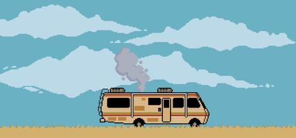 Pixel art background with desert trailer and cloudy sky scene for 8bit game vector