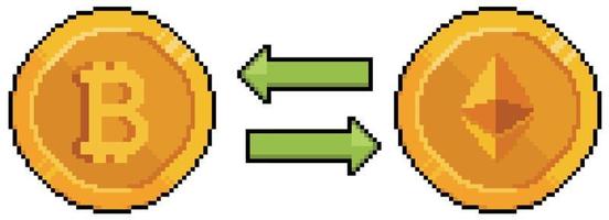 Pixel art Bitcoin and Ethereum, convert bitcoin to ethereum. Investment and finance. 8bit game icon on white background vector
