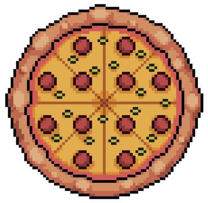 Pixel Art Pizza with pepperoni and cheese. 8bit game icon on white background
